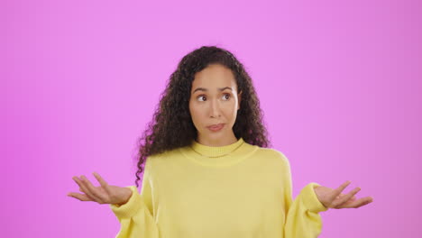 face, confused and shrug by woman in studio