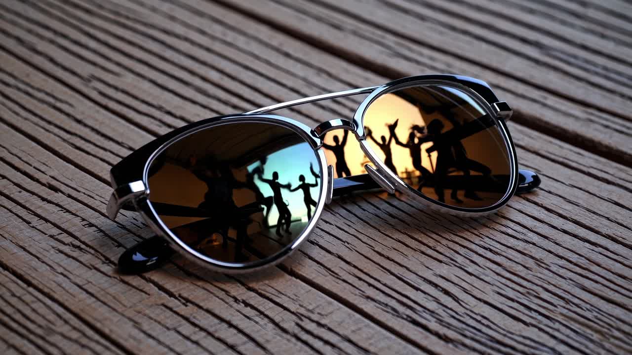 Sunglasses with mirrored lenses reflecting silhouettes of people dancing are lying on a weathered wooden surface, creating a contrast between leisure and rustic setting