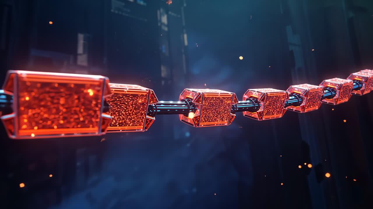 Camera starting panning along rod threading glowing red cubes in tunnel with drifting embers