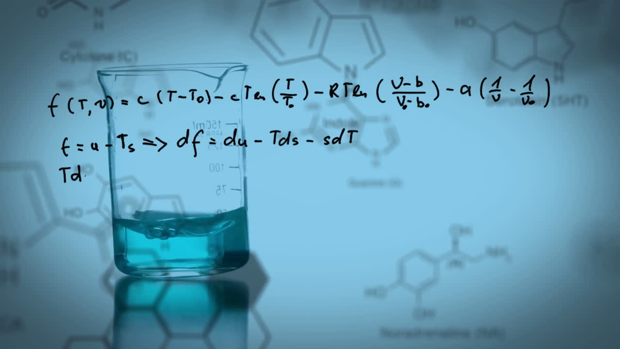 Animated lab beaker fills with colored liquid amid formulas on a blue backdrop.