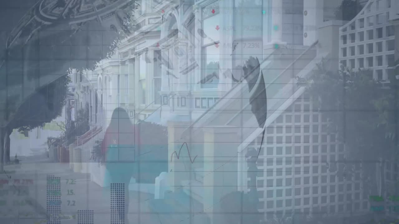 건물 에서 길을 고 있는 여자 위에 달러 지폐와 그래프로 만든 지구상의 애니메이션