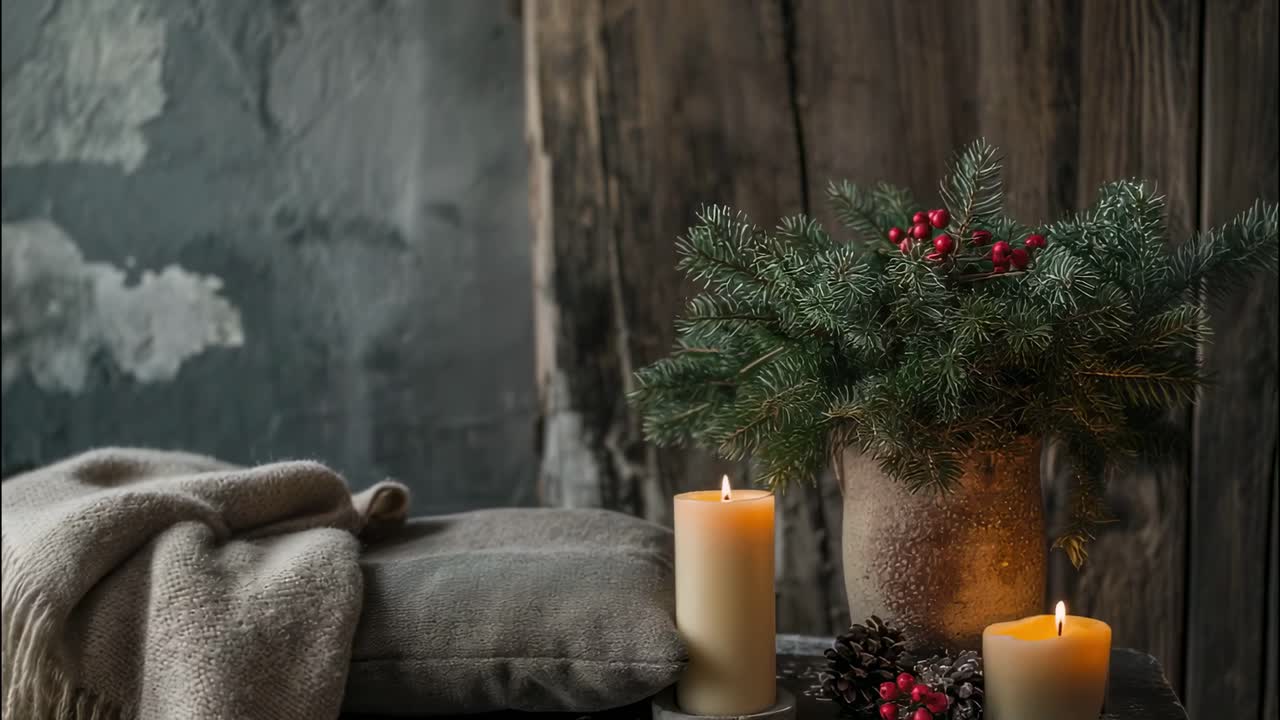 Warm candlelight glowing near festive pine branches, red berries scattered, woolen blanket draped across weathered wooden backdrop creating intimate holiday atmosphere