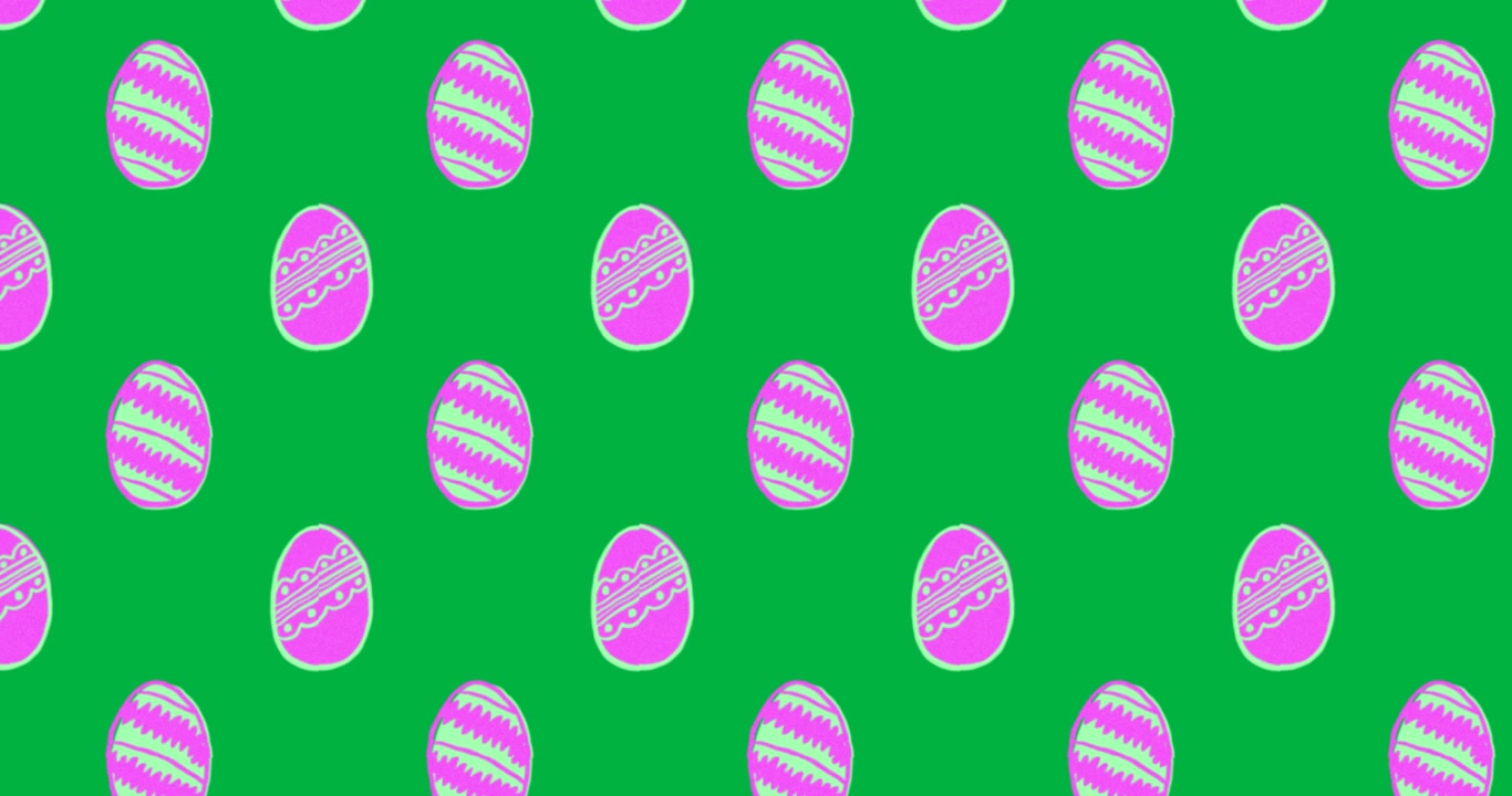 Starting black bars sliding across teal-striped magenta eggs, creating loop on transparent backdrop