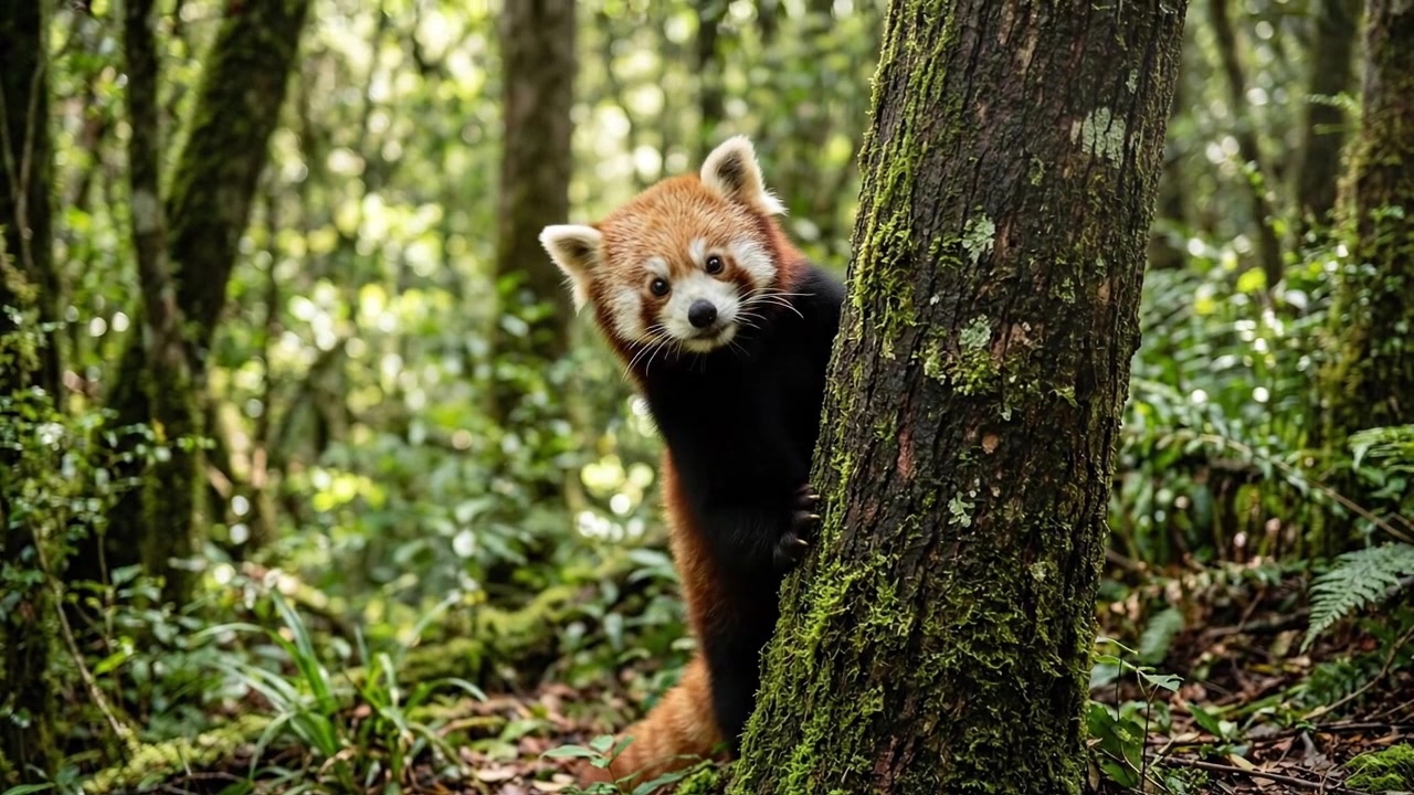 Panda rosso che sbircia da dietro un albero muschioso nella foresta