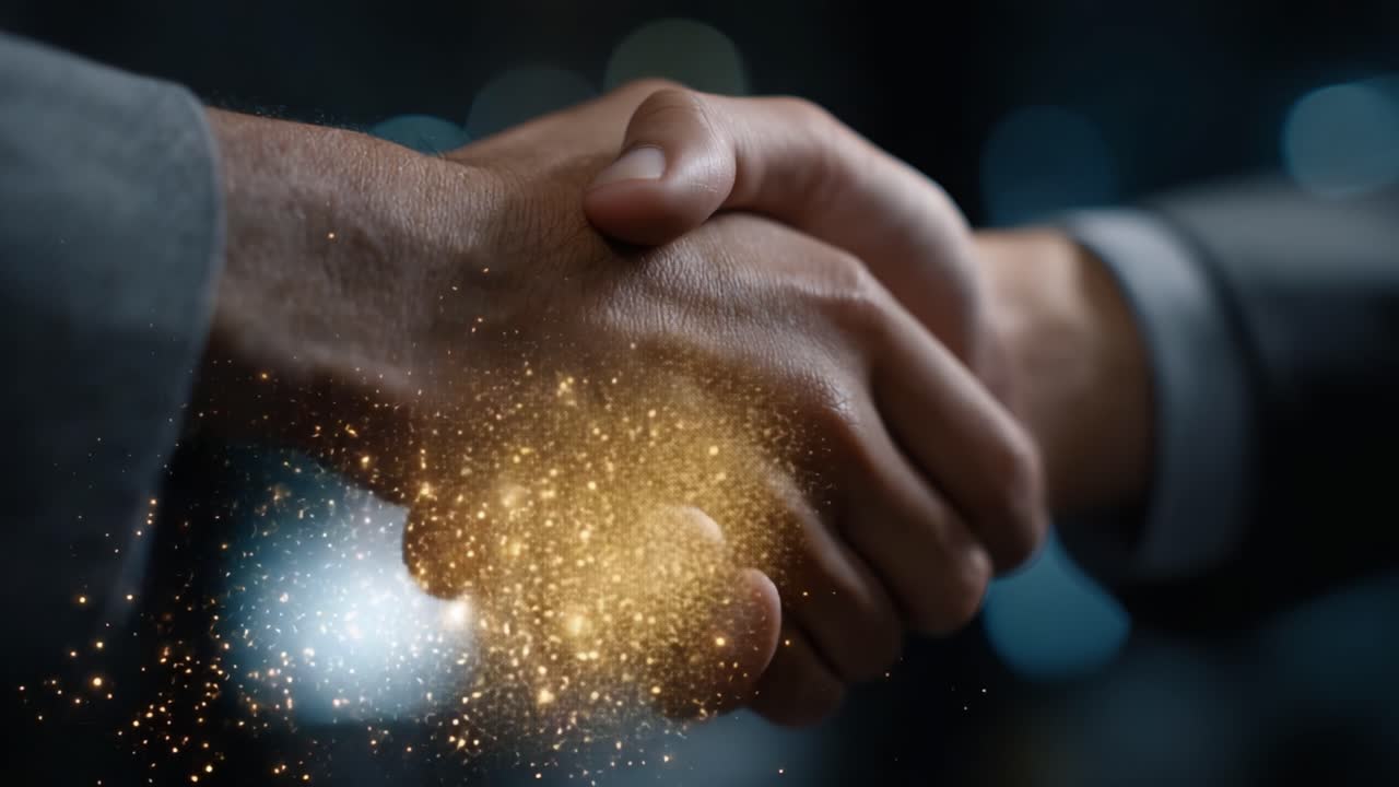 A Sparkling Handshake Symbolizing Connection and Partnership Between Two Individuals in a Professional Setting Captured in an Engaging Video Sequence