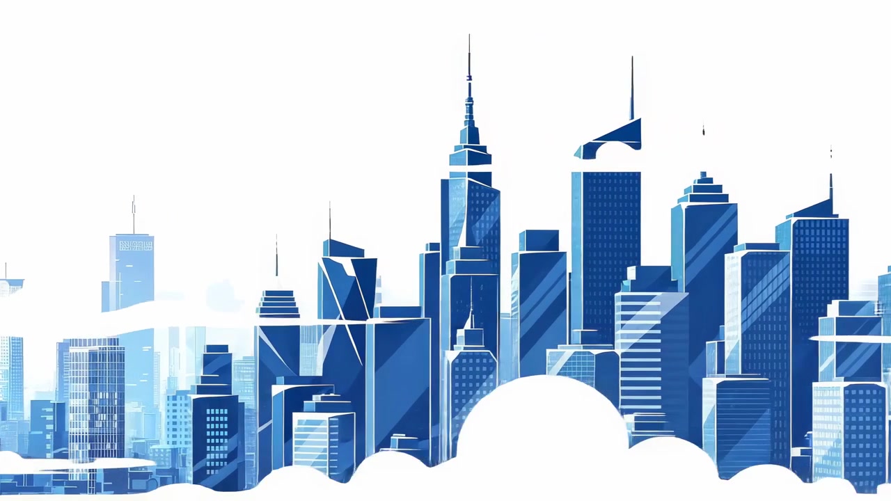 Horizonte urbano animado moderno con edificios azules y nubes