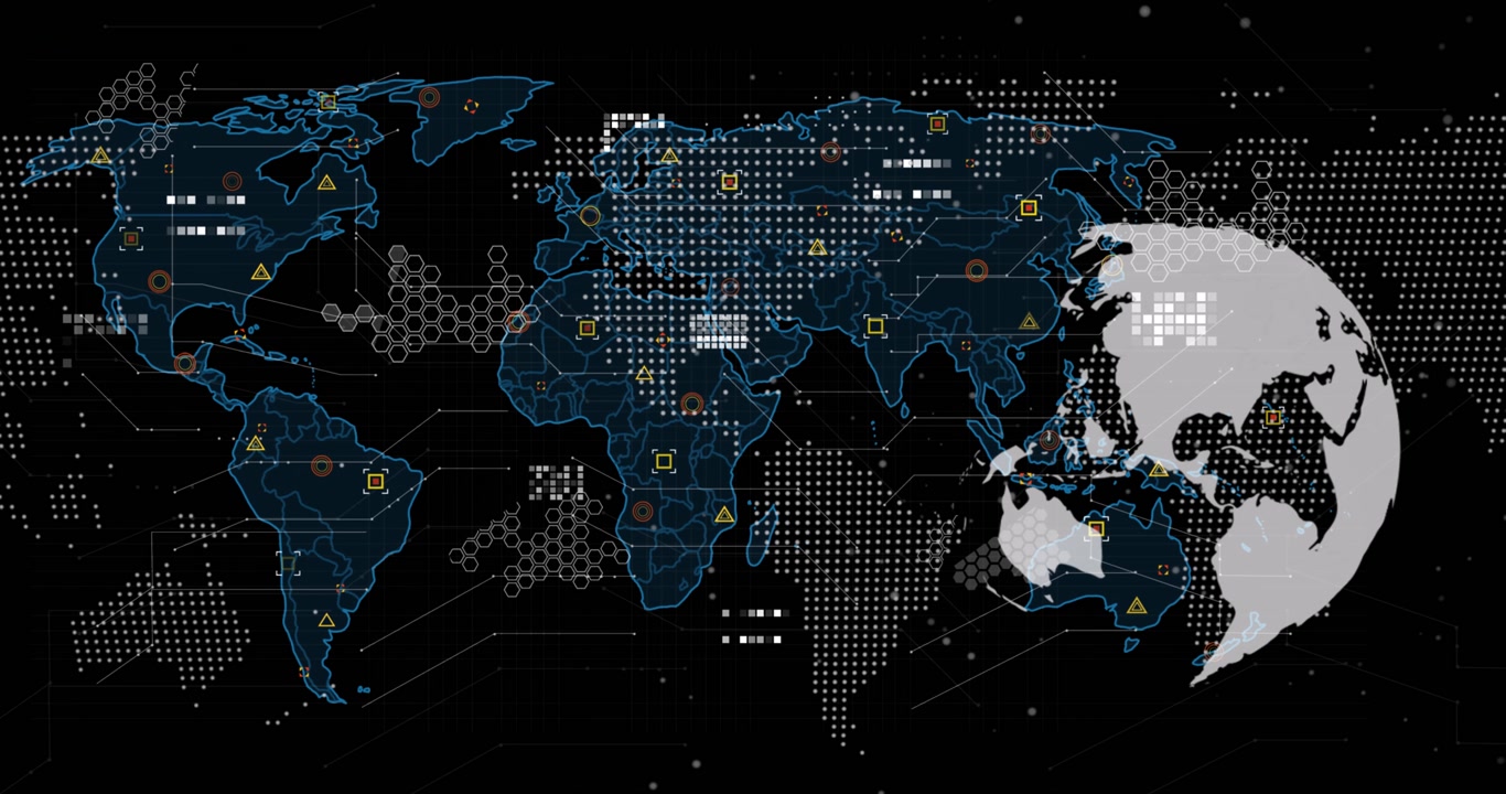 Digital animation of data processing over world map and spinning globe against black background