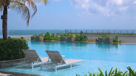 empty deck chairs poolside by infinity swimming pool with tropical palms on sunny day at renaissance bali uluwatu resort spa hotel, indonesia