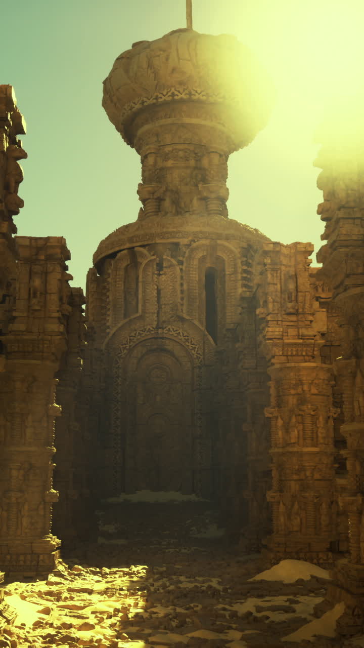 Stunning ancient temple ruins illuminated by sunlight in a golden landscape