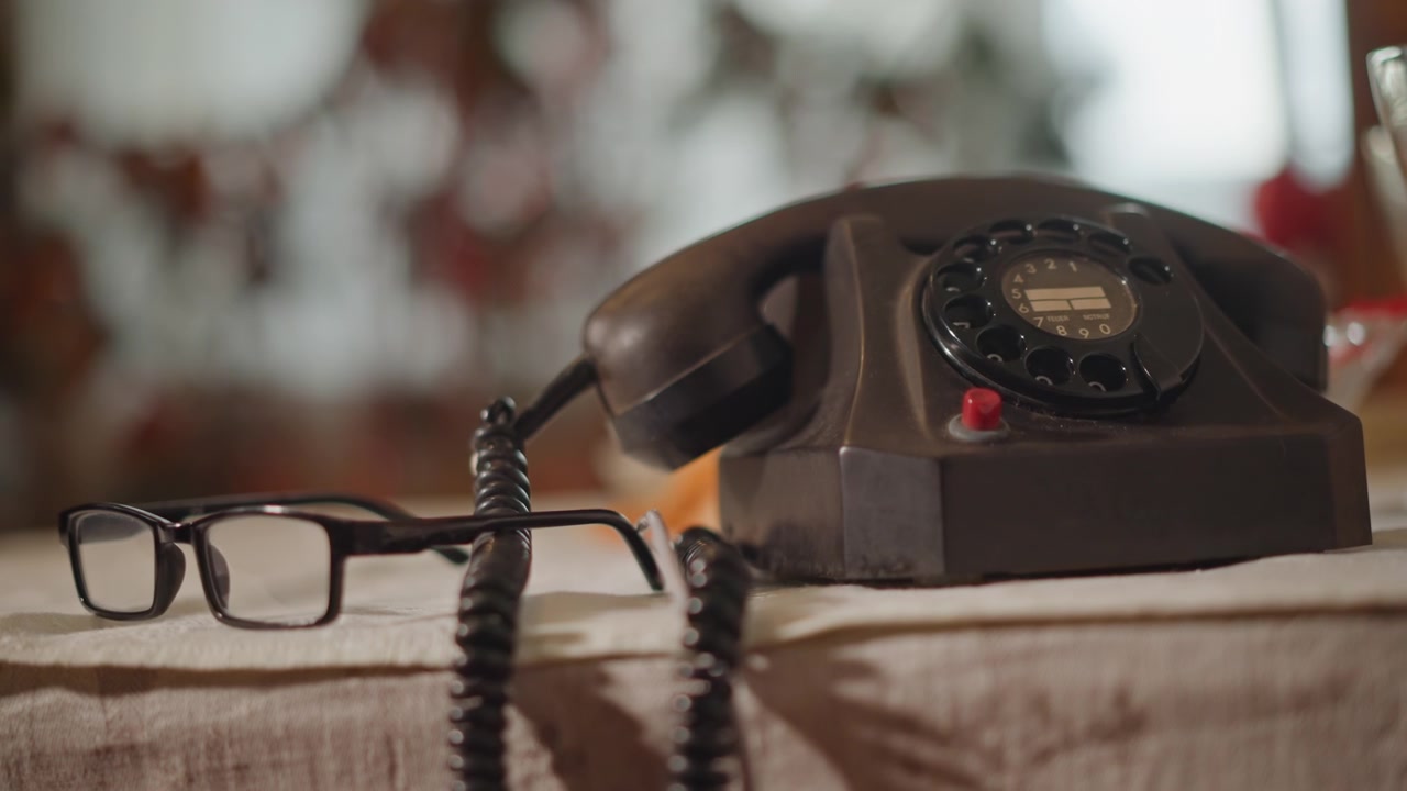 Pemandangan vintage yang membangkitkan nostalgia. Telepon kuno dengan suasana hening. Telepon putar antik di tengah suasana makan malam yang tenang. Telepon putar klasik di samping gelas dalam suasana makan yang remang-remang