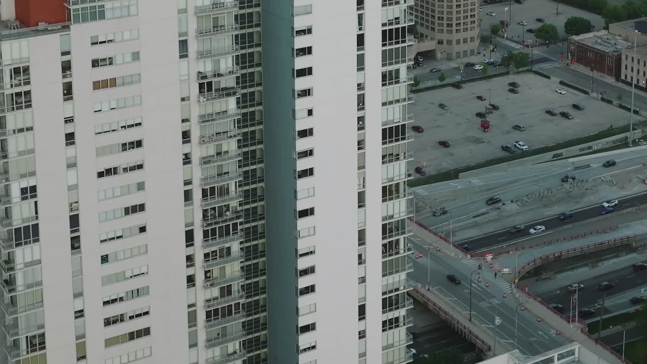 View of Chicago buildings and streets from above in the city