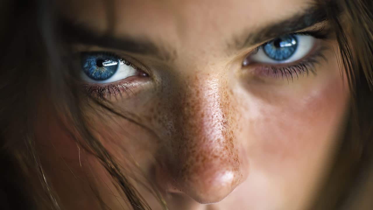 Intense Close-Up of a Person with Striking Blue Eyes and Freckles Displaying Deep Emotion and Intriguing Expressions Captured in a Moment of Introspection