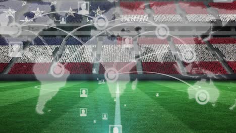 animation of network of connections, world map over american flag on empty stands in sports stadium