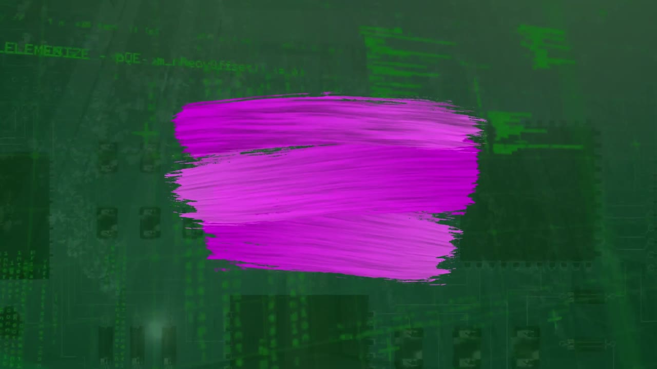 Animation of pink brush paint lines over data processing and servers