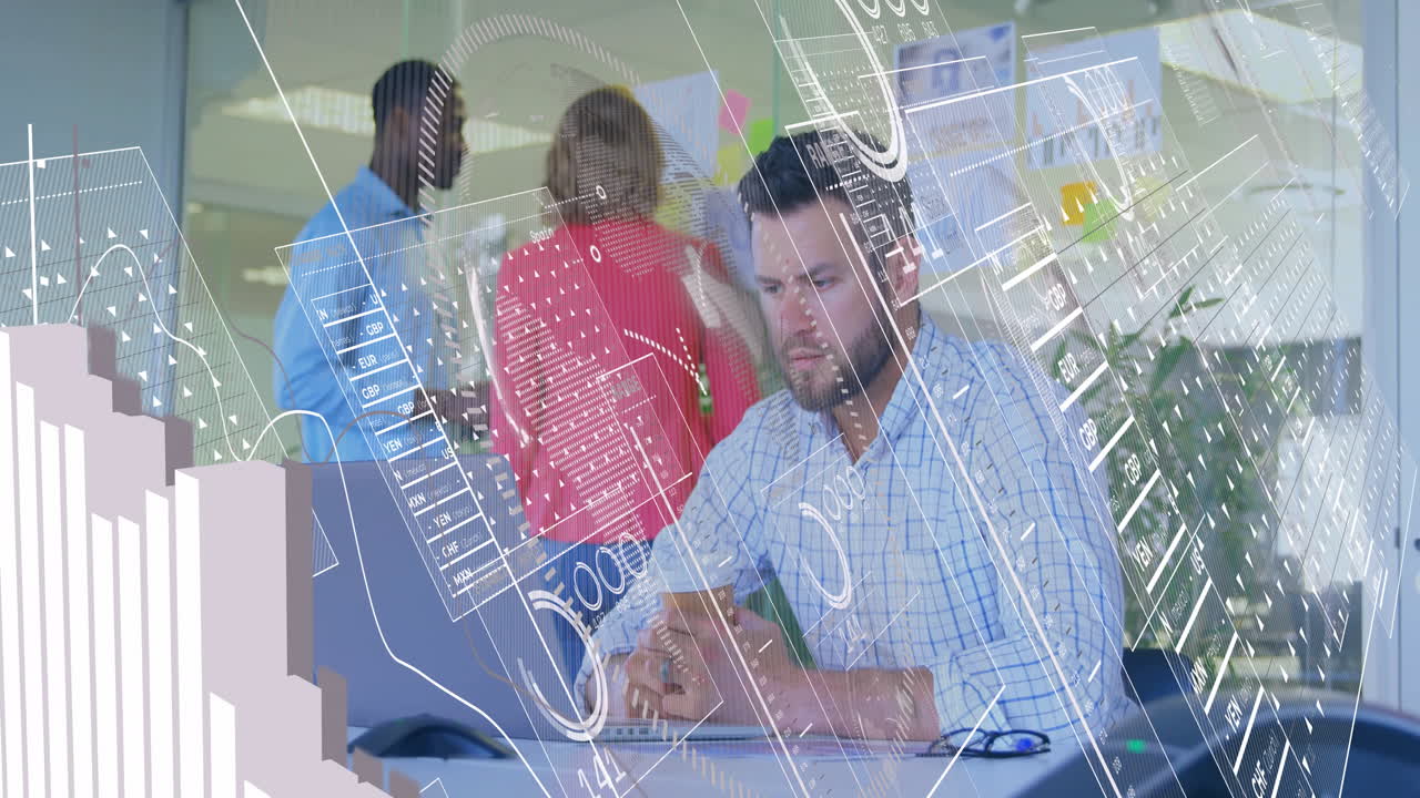 Businessman working on laptop with data charts and graphs overlay animation