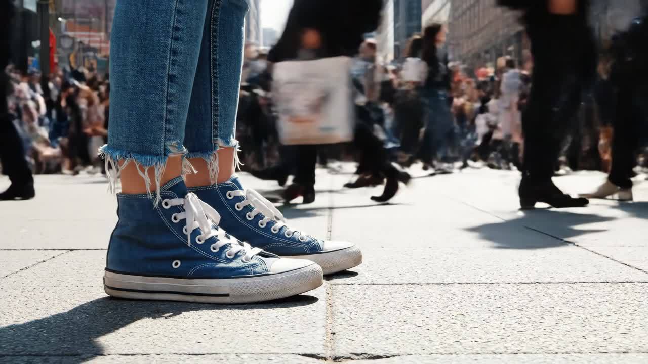 Sneakers and Jeans in a Busy City