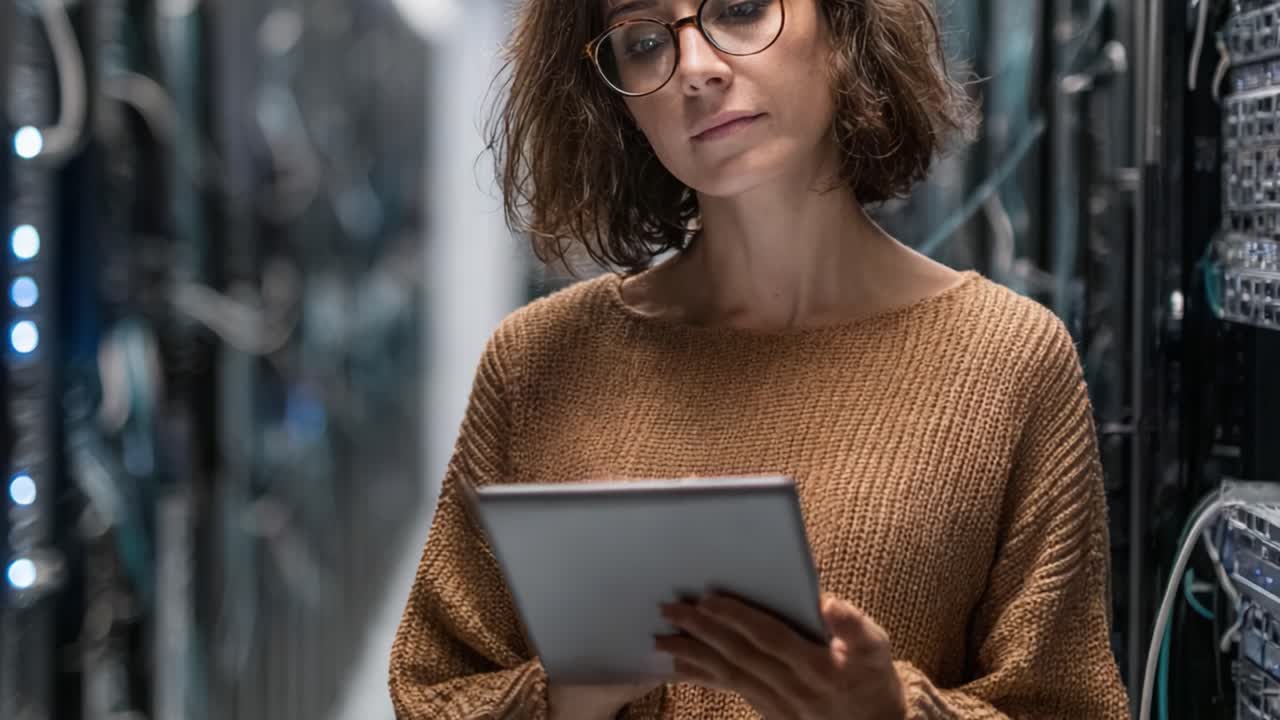 Focused Female Technician Analyzing Data on a Tablet in a Server Room with High-Tech Equipment During Work Hours
