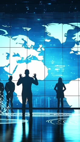 high-tech global biz meeting. silhouetted figures stand before a large digital world map, discussing strategies in a modern conference room at night.
