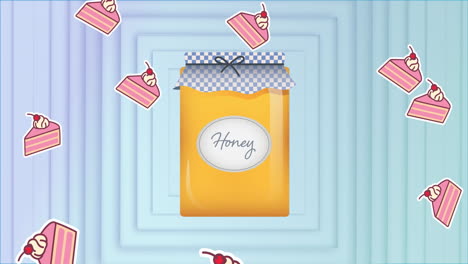 animation of jar of honey and falling pink slices of cake over blue concentric square outlines