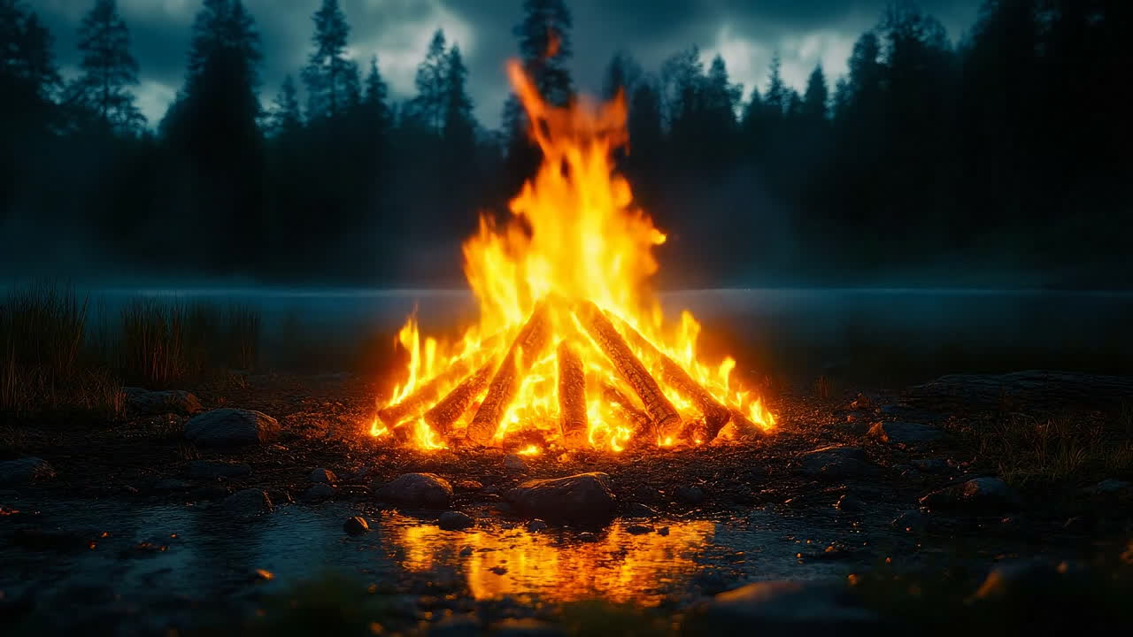 Campfire in dark forest. Bright flames rise from a campfire in a dark forest by a quiet lake, creating a warm atmosphere amidst tall trees
