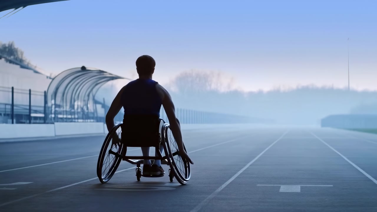Middle frame shows a wheelchair user in athletic gear rolling toward the foreground along a sports track
