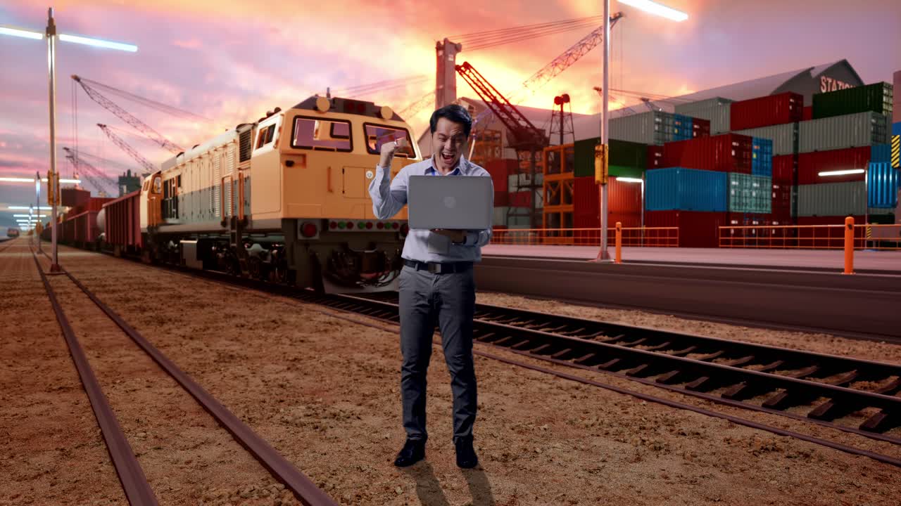 Full Body Of An Asian Male Professional Worker Standing With His Laptop With Freight Cargo Train At Port, He Raises His Fist Up With Screaming Goal
