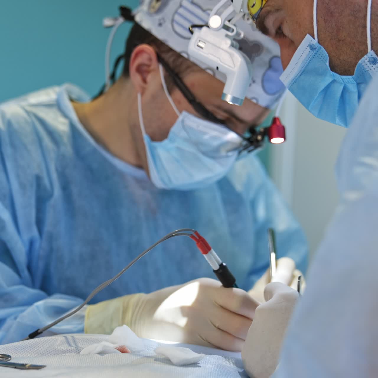 Doctors wearing the device flashlights on heads perform operation. Specialists use tools at surgery
