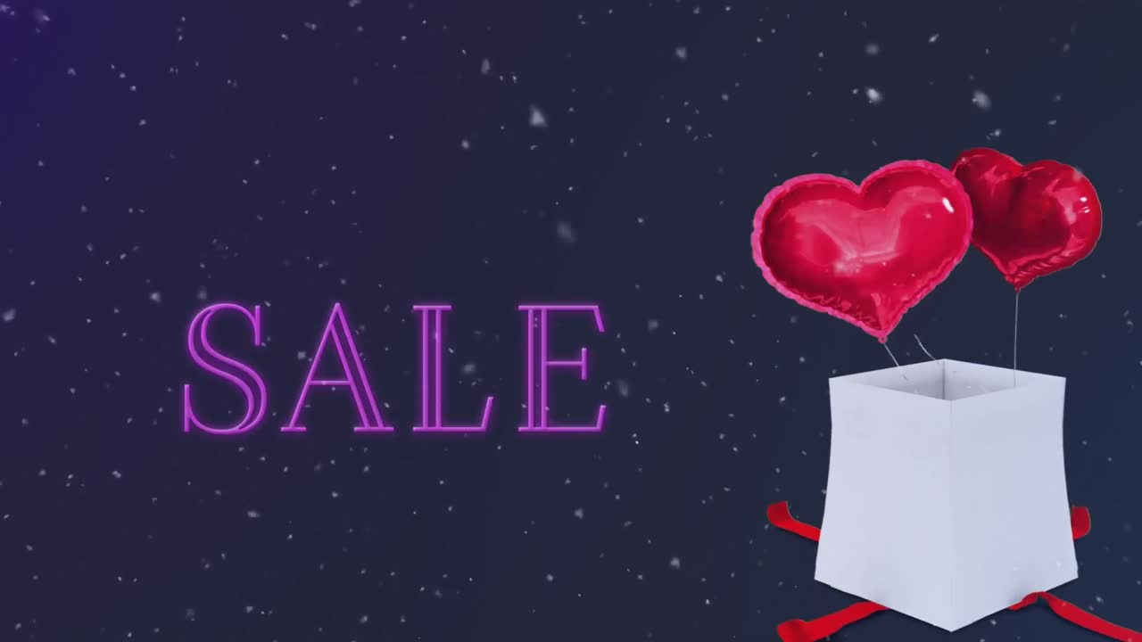 검은 바탕에 현재와 함께 판매 텍스트와 심장 풍선의 애니메이션