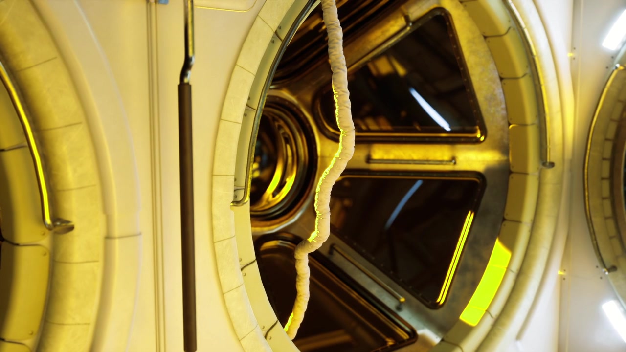 Nucleo del reattore di una stazione spaziale high-tech illuminato con anelli color ottanio