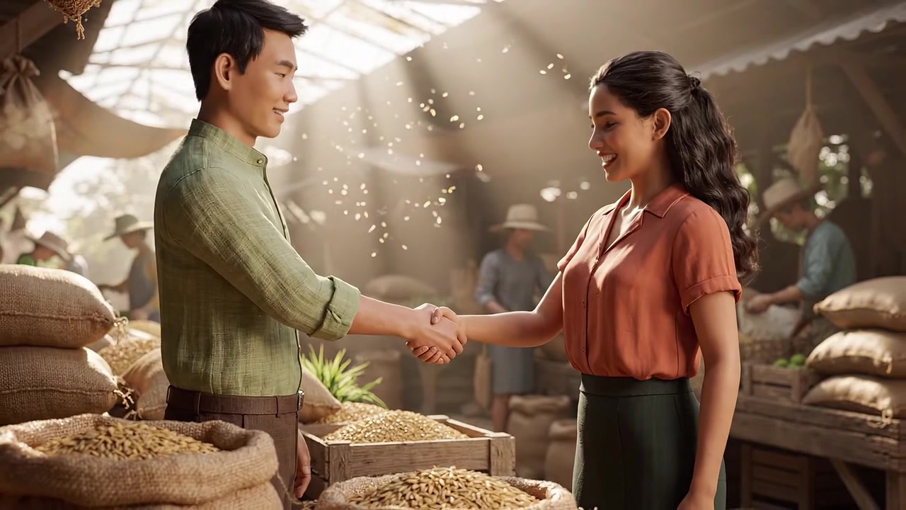Two people connect over an exchange in a vibrant marketplace filled with natural light, showcasing an atmosphere of collaboration and community engagement.
