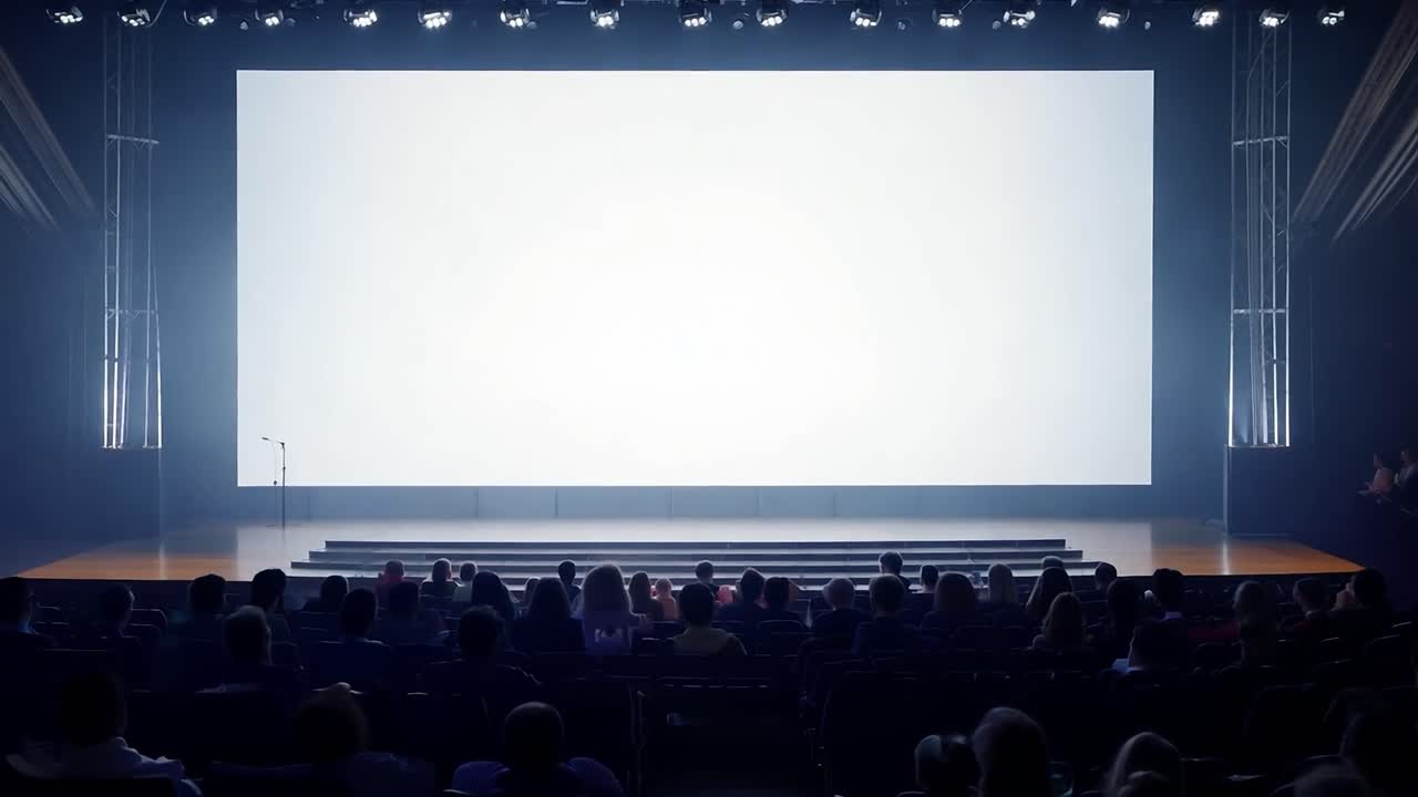 청중 들 은 컨퍼런스 홀 에 앉아서, 프레젠테이션 이벤트 중 빈  화면 을 주의 깊게 지켜보고 있다