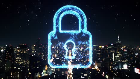 digital lock security over night city skyline