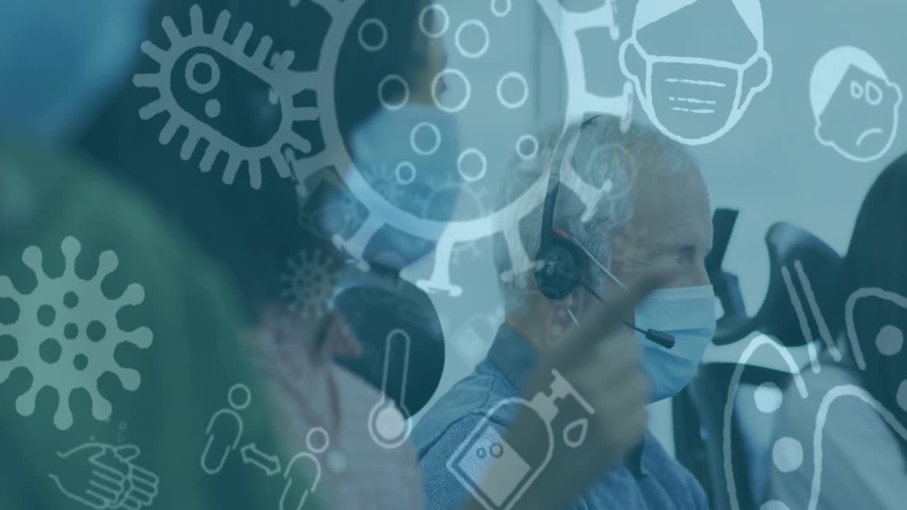 animación de iconos de covid-19 con colegas en la oficina usando máscaras faciales