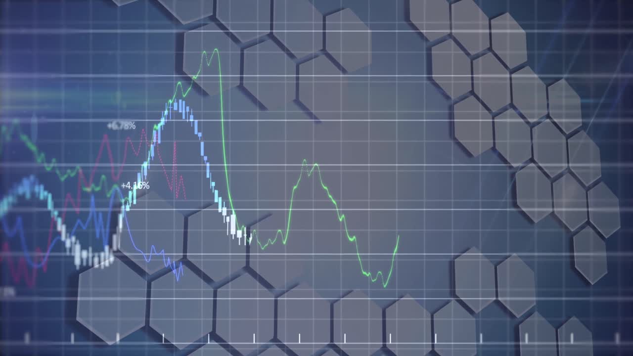 animación del procesamiento de datos financieros sobre formas sobre fondo azul