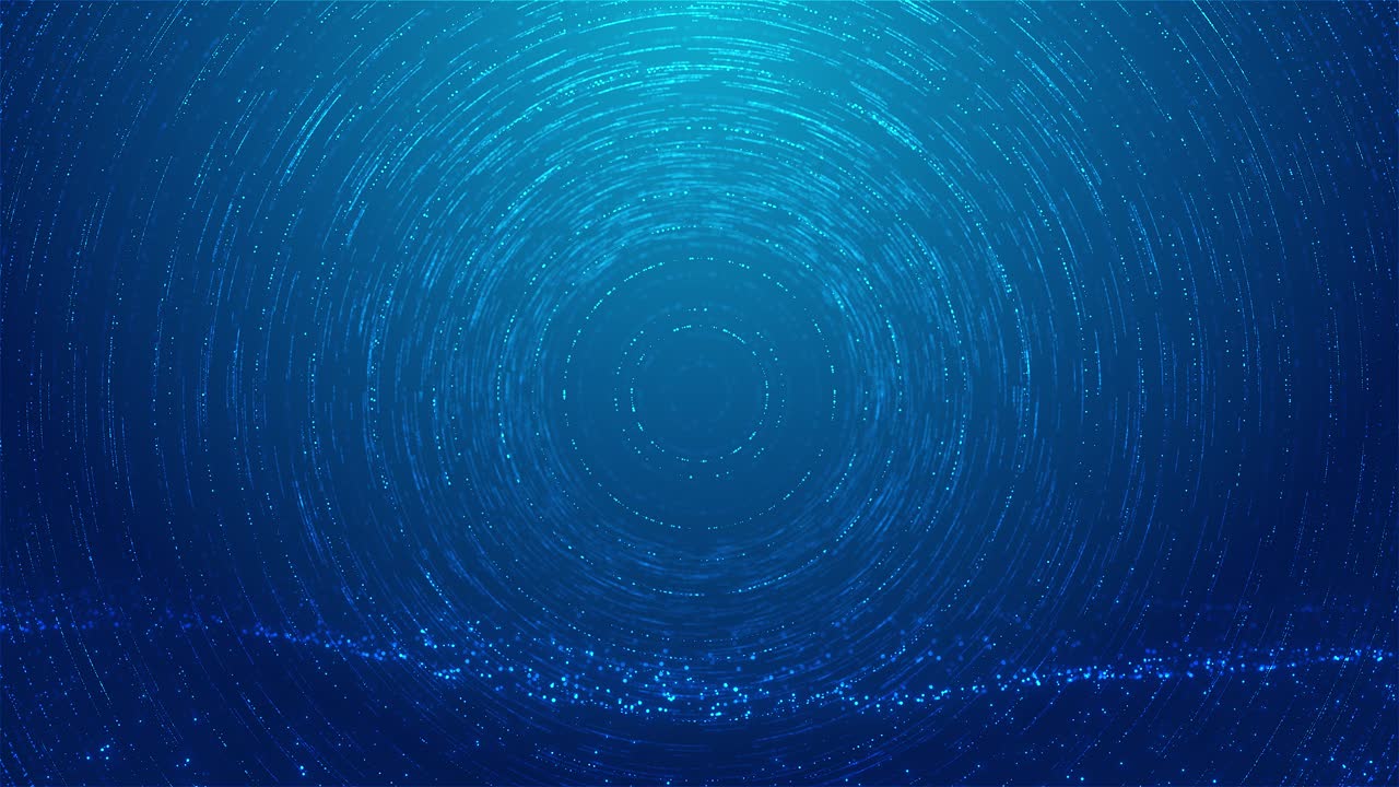 Circular glowing rings tiny particles move in blue space layered motion adds futuristic depth for