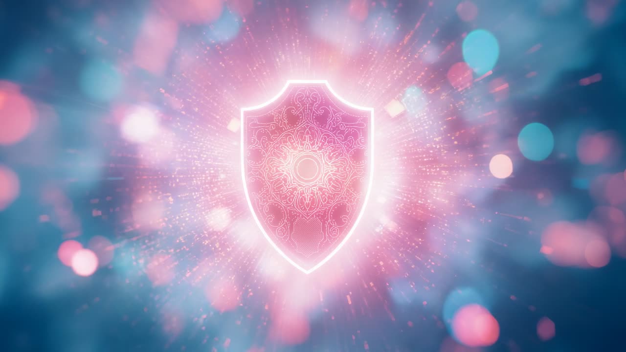 Shield icon revealing motif pulsing outline emitting streaks in teal backdrop, with bokeh particles