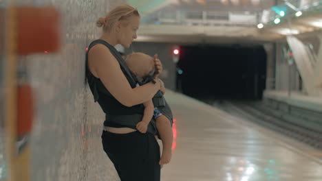 madre con bebé durmiendo esperando el tren en el metro