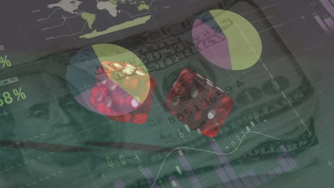 animación del procesamiento de datos financieros sobre dos dados y billetes de dólares estadounidenses en el fondo