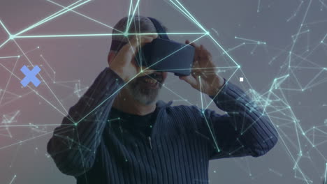 animación de redes de conexiones y cerebro humano digital sobre el hombre que usa auriculares vr