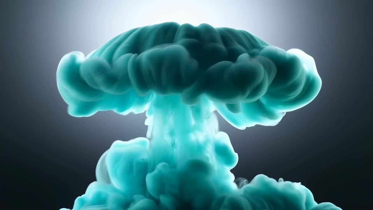 Nuclear explosion expanding mushroom cloud, in dark background, with expanding mushroom cloud, from a side view perspective, with teal, black accents, and dramatic intense mood, clear detail.