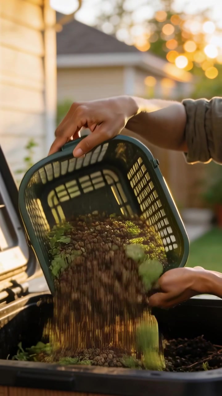 Vertical video: Placing green basket by yard compost bin, arms in olive top tilting shaking scraps