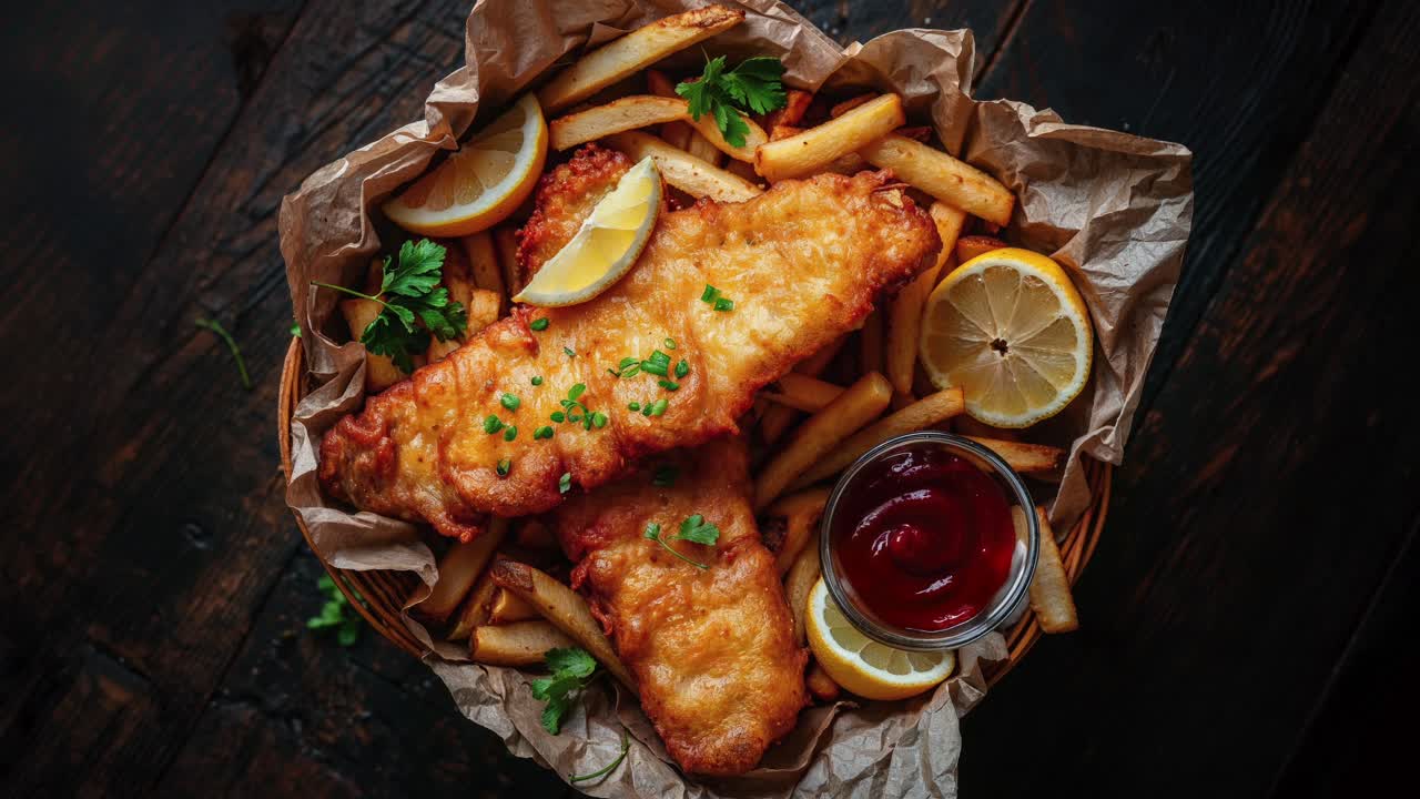 Läckra fish and chips med citron och ketchup