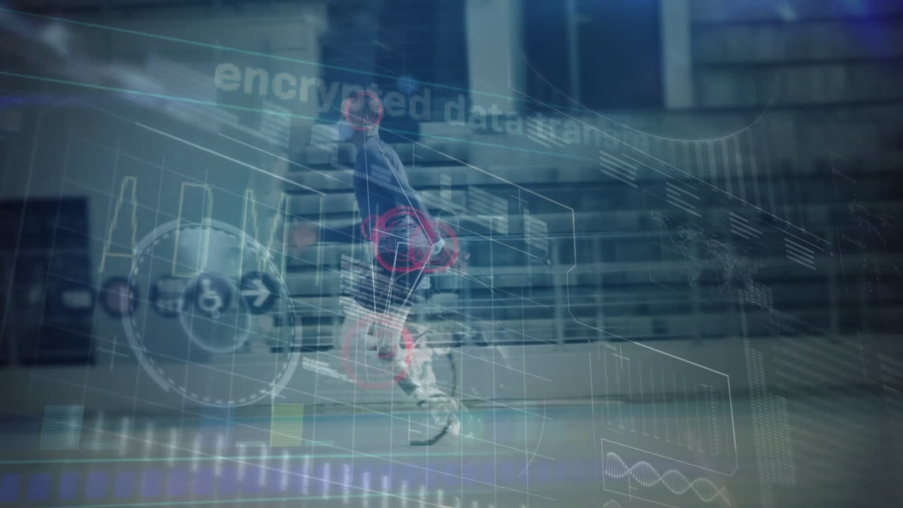 Running athlete with digital data and animation overlay in urban background