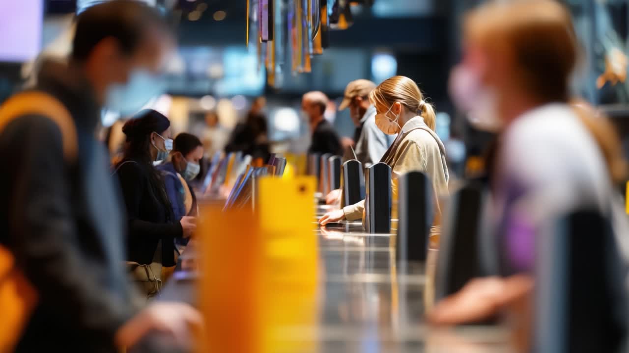 In a busy airport terminal, travelers wearing masks stand at check-in counters, preparing for their journeys amidst a backdrop of modern design and vibrant lighting