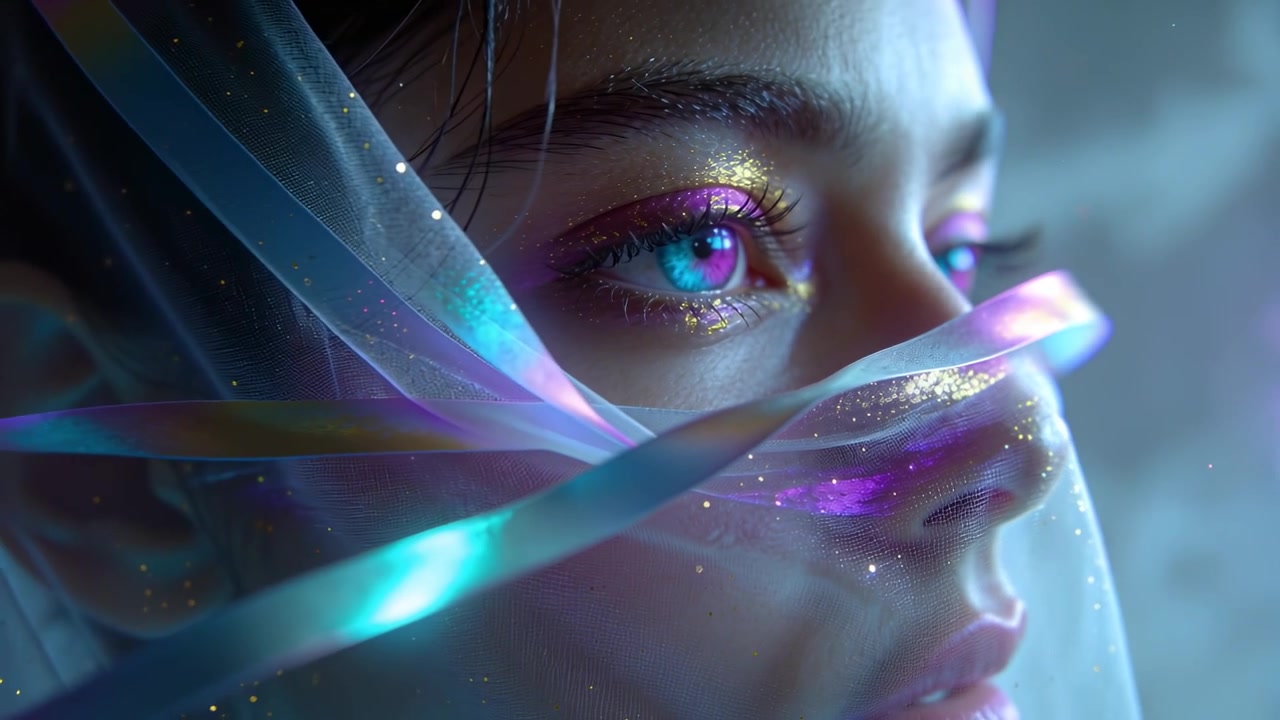 Pulling back camera revealing woman's face in studio as ribbons drifting, woman lowering eyelid