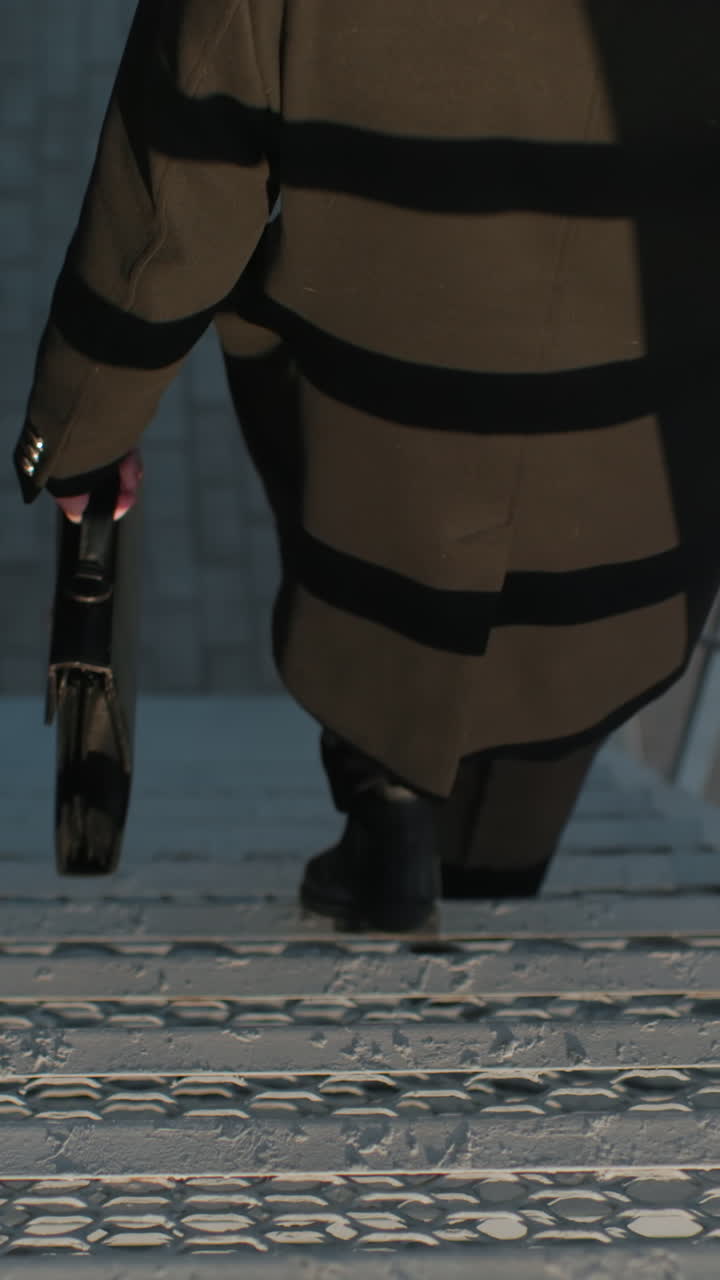 vista trasera hombre abrigo negro descendiendo escalera sosteniendo maletín, barandilla de hierro con la mano izquierda, rayas reflejos en la tela, arquitectura en el fondo