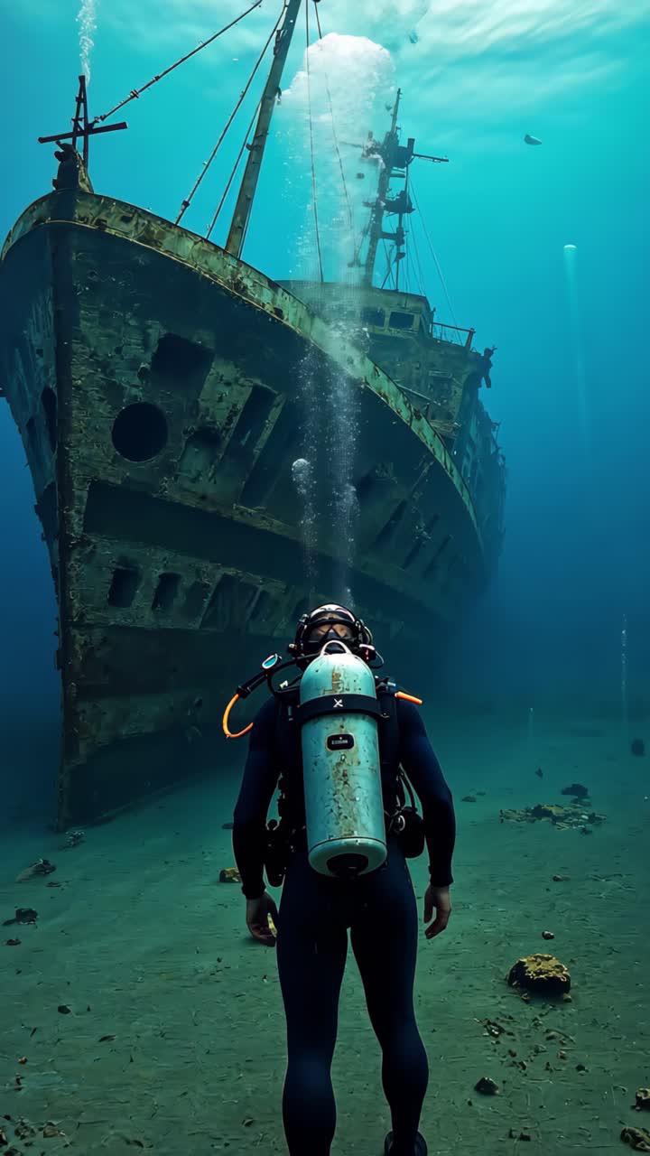 дайвер исследует подводный кораблекрушение