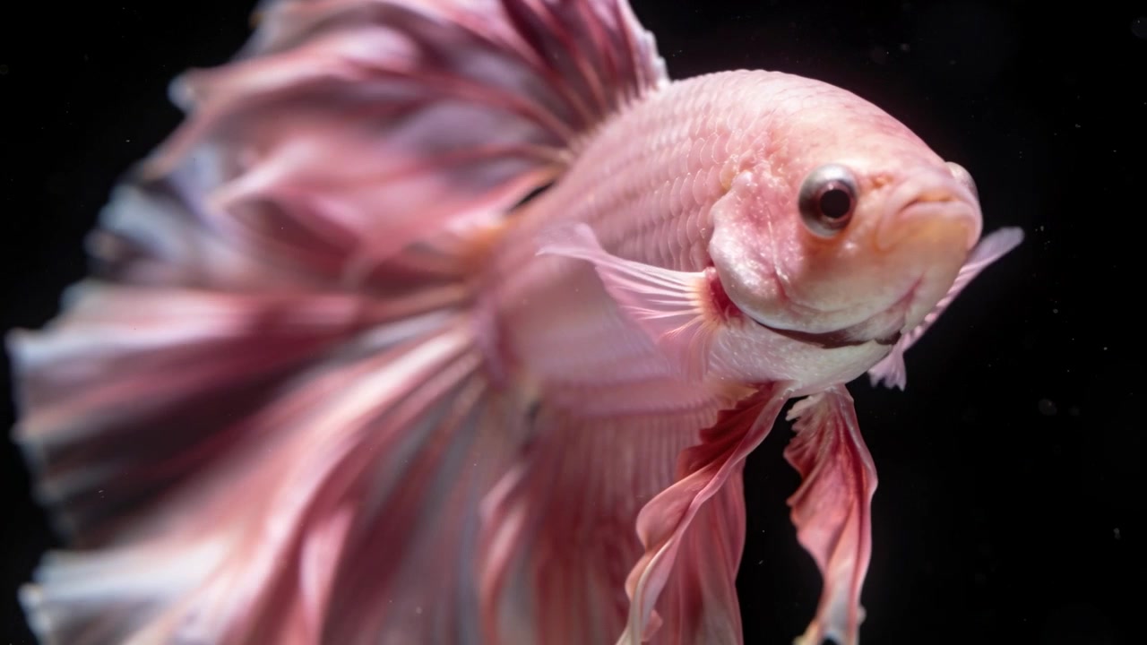Betta rosa che si muove con piccole rotazioni in avanti e verso destra nell'acquario, mettendo in risalto le pinne chiare.
