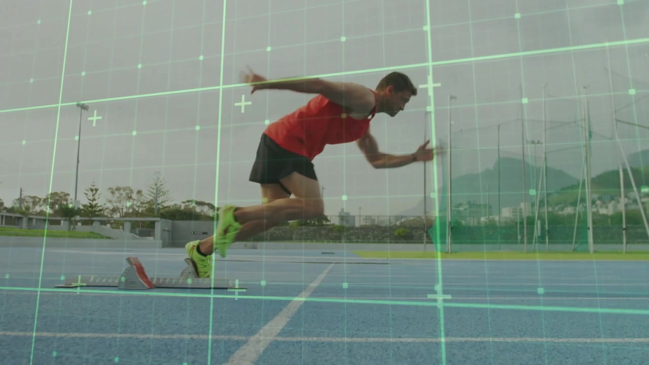 Male athlete practicing sprint starts on blue track, pushing off blocks, green grid showing metrics