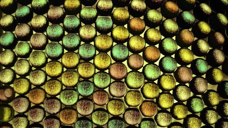 Mini tinted crysal globes reflecting colorful light pattens; loop